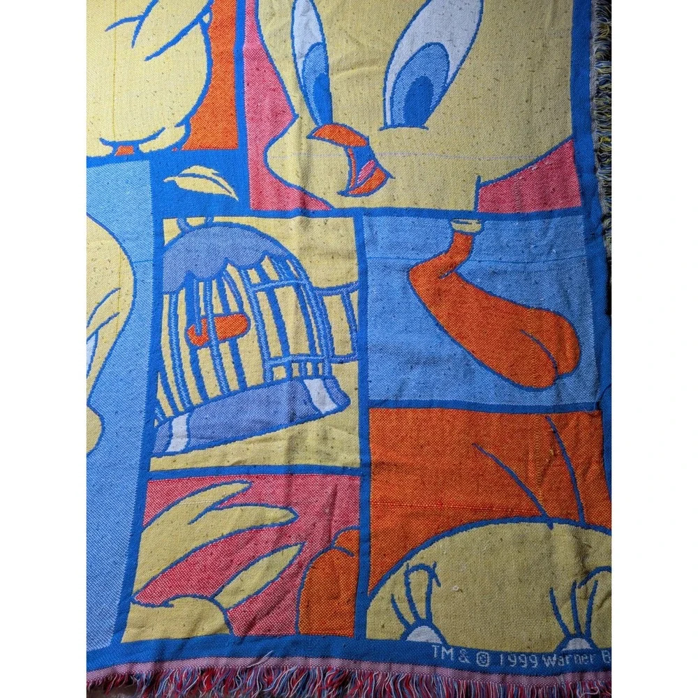 Vintage Looney Tunes Woven Throw Blanket Tapestry 1999 Rare Tweetie Bird 60 X 48